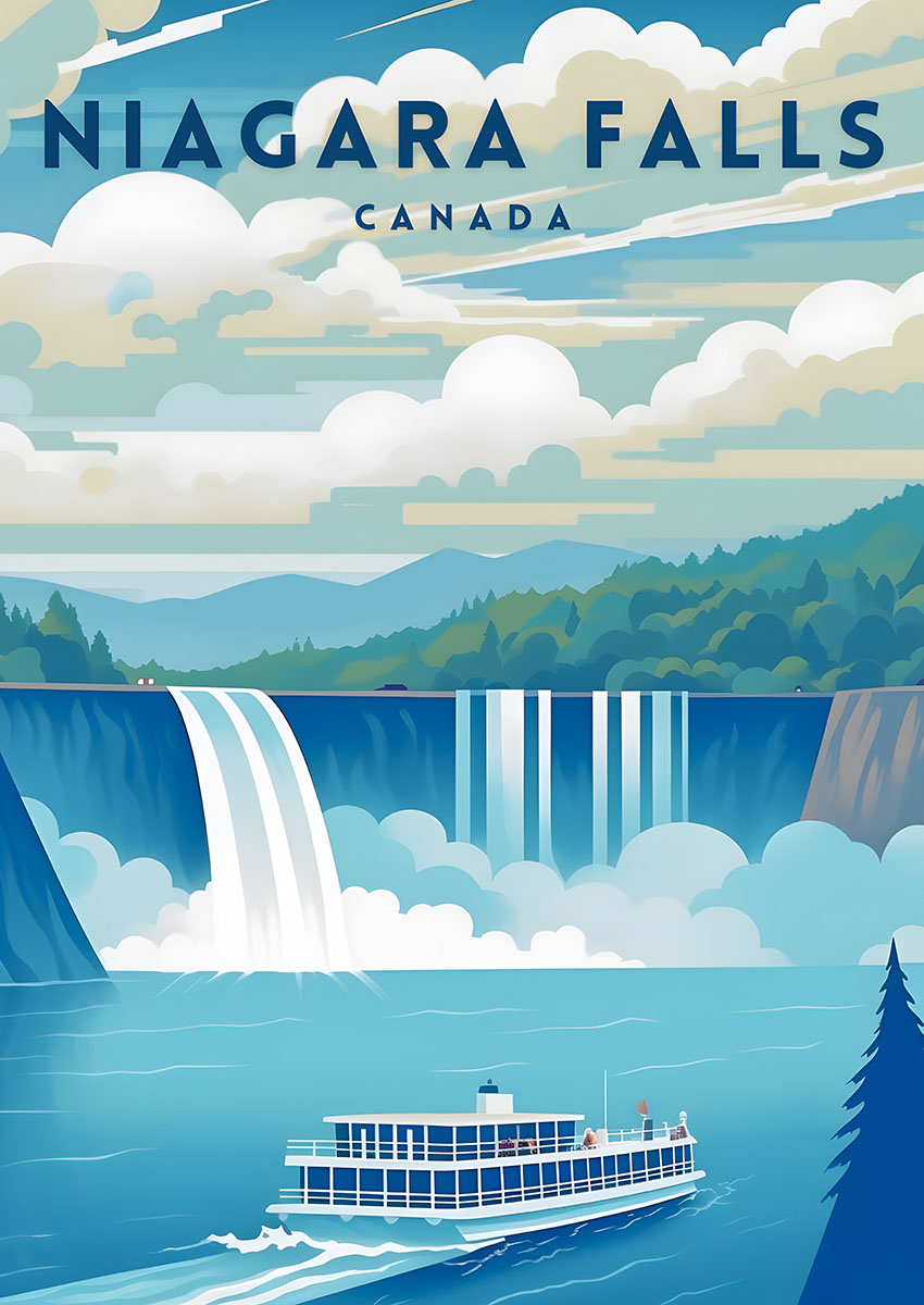 Dramatic artwork of Niagara Falls with a boat in the foreground and clouds in the background.